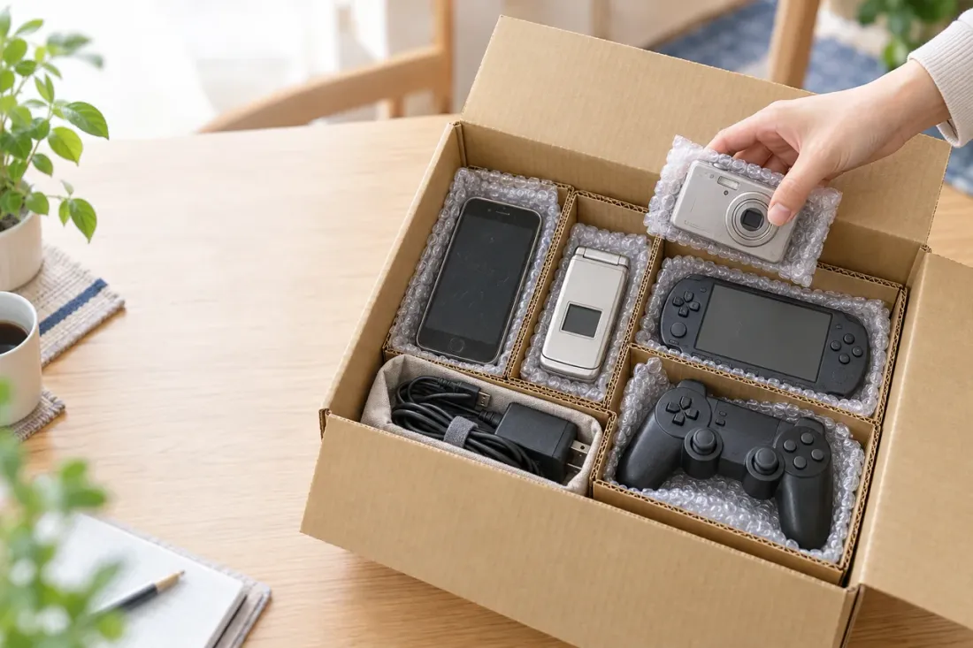 古いスマホ、カメラ、ゲーム機、線材を保護材で包んで一箱にまとめる梱包イメージ