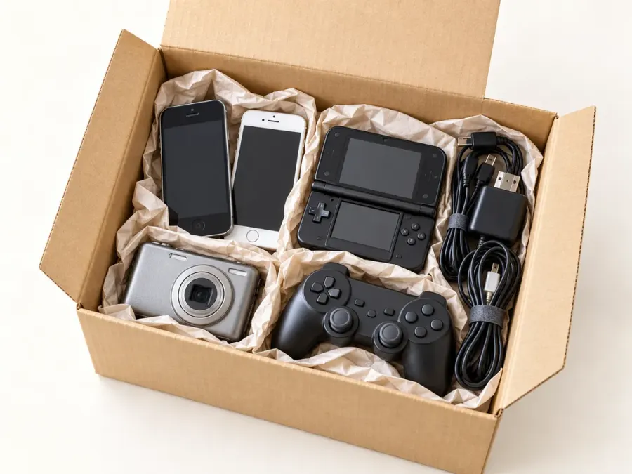 スマホ・ゲーム機・カメラ・ケーブルを保護して一つの箱にまとめるイメージ