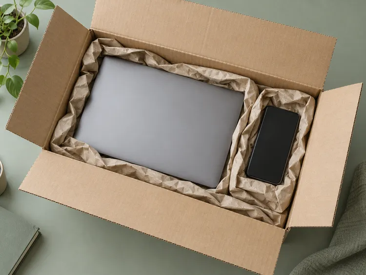 パソコンとスマートフォンを緩衝材で包んだ箱のイメージ
